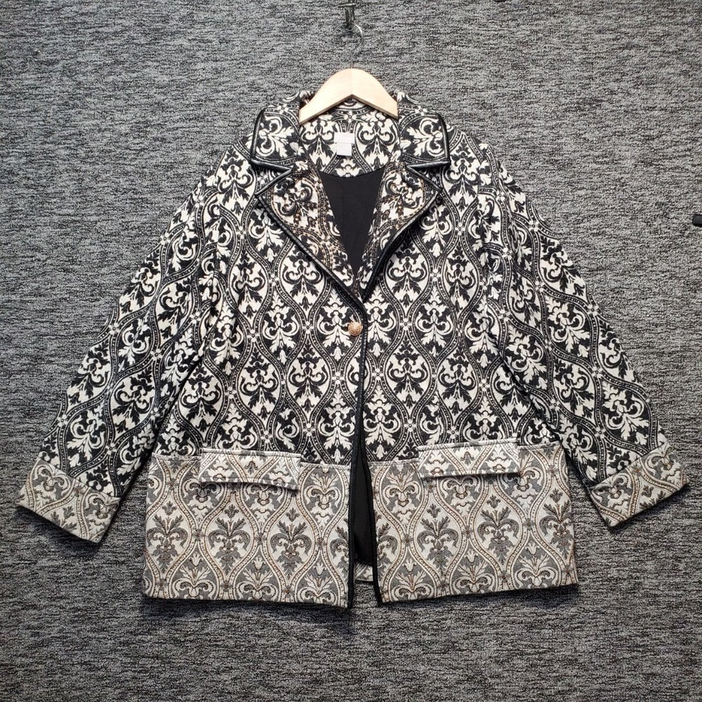 Chicos Tapestry Jacket Womens XL Black White Beaded Damask Open Front Blazer